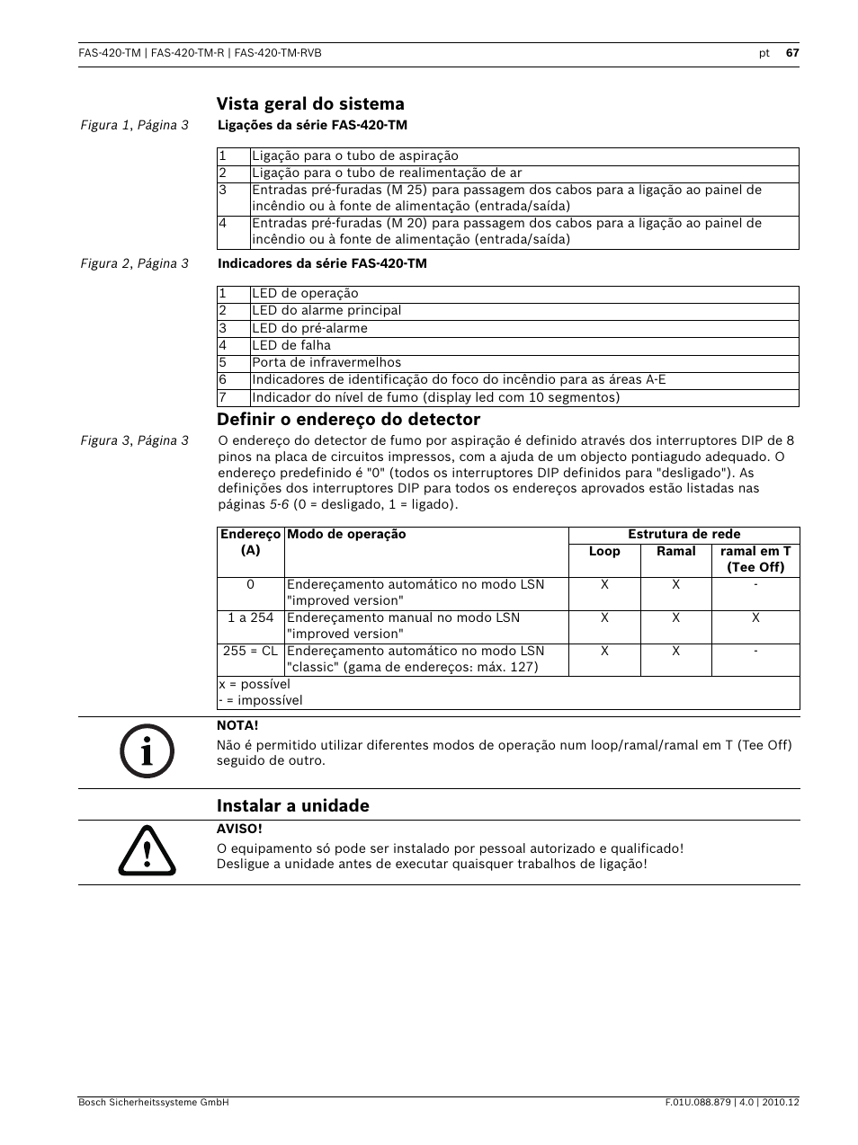 Vista geral do sistema, Definir o endereço do detector, Instalar a unidade | Bosch FAS-420-TM Series Aspirating Smoke Detectors LSN improved version User Manual | Page 67 / 96