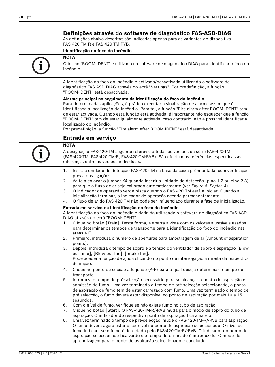 Identificação do foco do incêndio, Entrada em serviço | Bosch FAS-420-TM Series Aspirating Smoke Detectors LSN improved version User Manual | Page 70 / 96