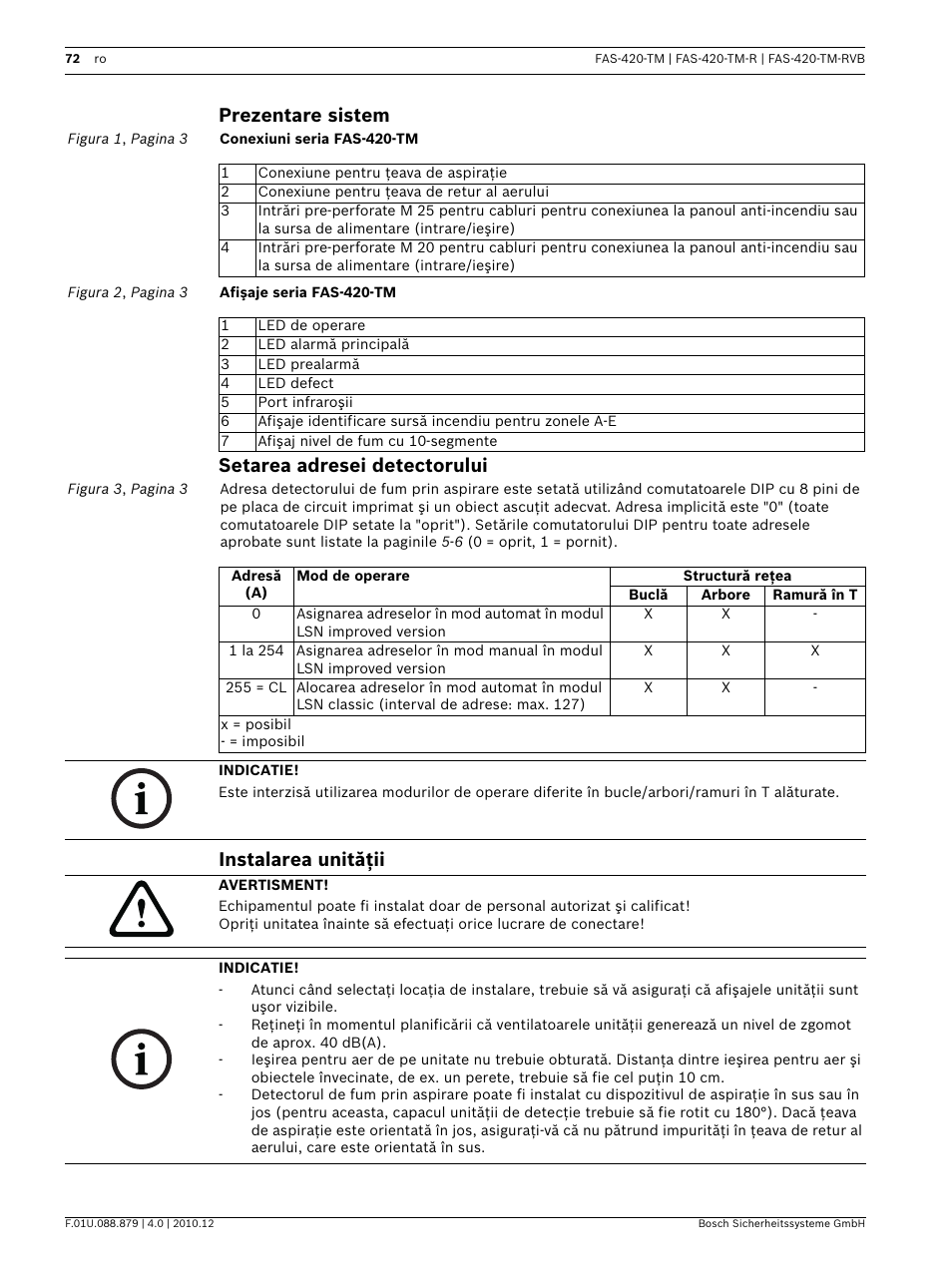 Prezentare sistem, Setarea adresei detectorului, Instalarea unităţii | Bosch FAS-420-TM Series Aspirating Smoke Detectors LSN improved version User Manual | Page 72 / 96