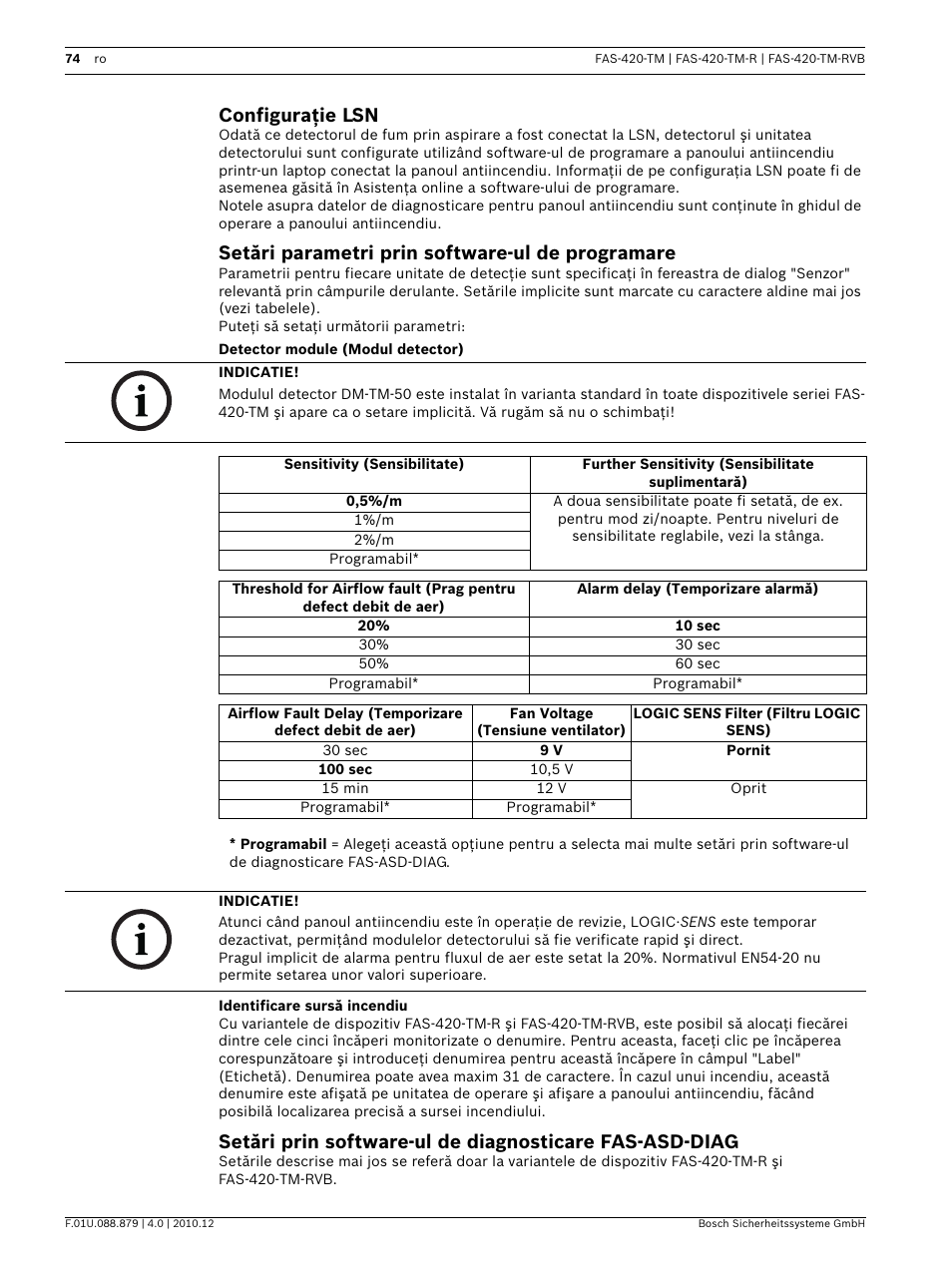 Configuraţie lsn, Setări parametri prin software-ul de programare, Detector module (modul detector) | Identificare sursă incendiu | Bosch FAS-420-TM Series Aspirating Smoke Detectors LSN improved version User Manual | Page 74 / 96