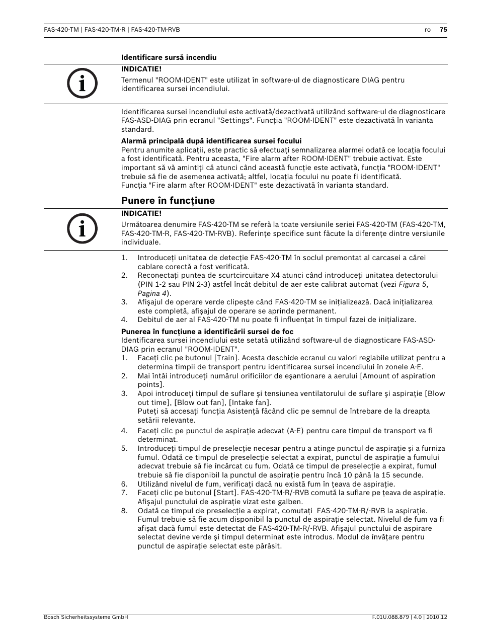 Identificare sursă incendiu, Punere în funcţiune, Punerea în funcţiune a identificării sursei de foc | Bosch FAS-420-TM Series Aspirating Smoke Detectors LSN improved version User Manual | Page 75 / 96