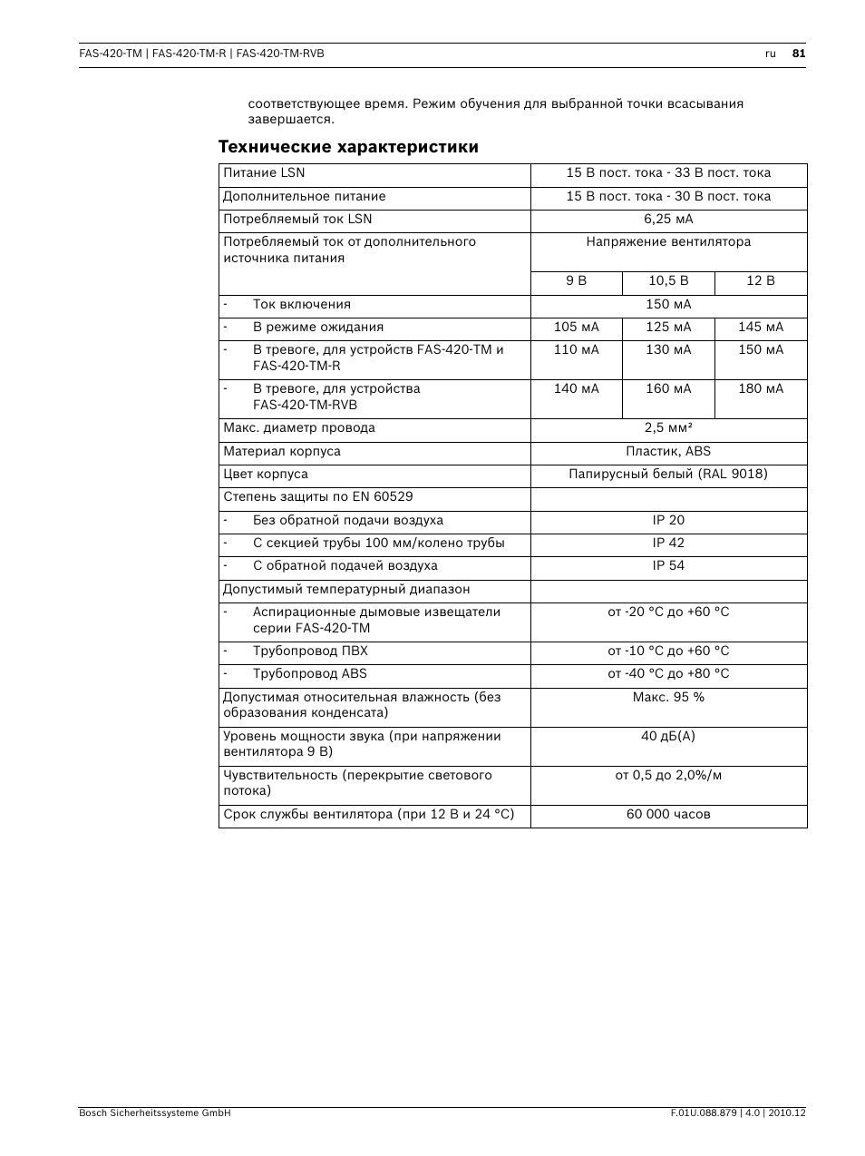 Технические характеристики | Bosch FAS-420-TM Series Aspirating Smoke Detectors LSN improved version User Manual | Page 81 / 96