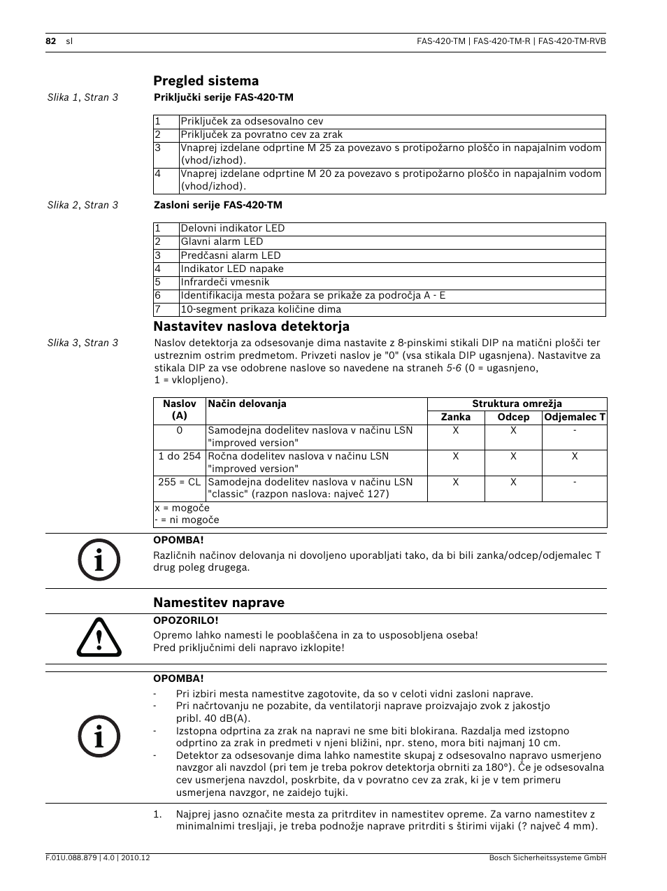 Pregled sistema, Nastavitev naslova detektorja, Namestitev naprave | Bosch FAS-420-TM Series Aspirating Smoke Detectors LSN improved version User Manual | Page 82 / 96