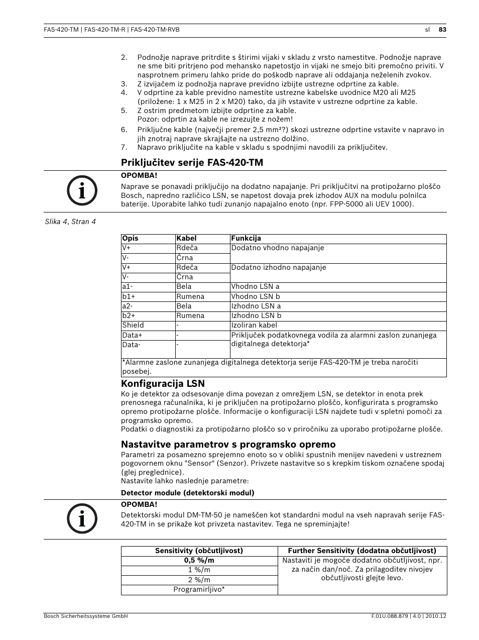 Priključitev serije fas-420-tm, Konfiguracija lsn, Nastavitve parametrov s programsko opremo | Detector module (detektorski modul), Priključitev serije fas-420-tm konfiguracija lsn | Bosch FAS-420-TM Series Aspirating Smoke Detectors LSN improved version User Manual | Page 83 / 96