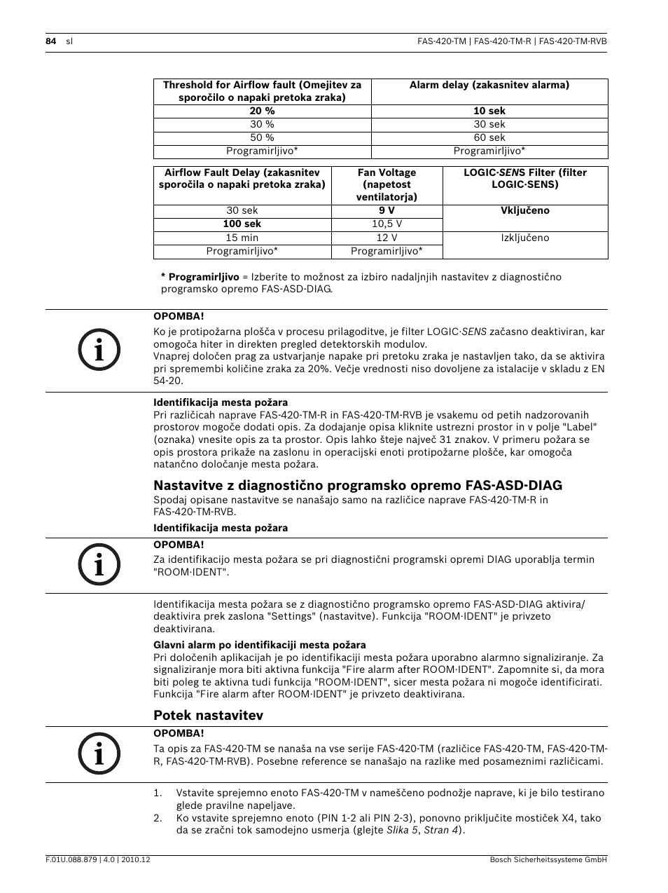 Identifikacija mesta požara, Glavni alarm po identifikaciji mesta požara, Potek nastavitev | Bosch FAS-420-TM Series Aspirating Smoke Detectors LSN improved version User Manual | Page 84 / 96