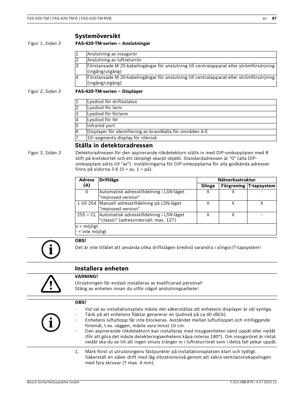 Systemöversikt, Ställa in detektoradressen, Installera enheten | Bosch FAS-420-TM Series Aspirating Smoke Detectors LSN improved version User Manual | Page 87 / 96
