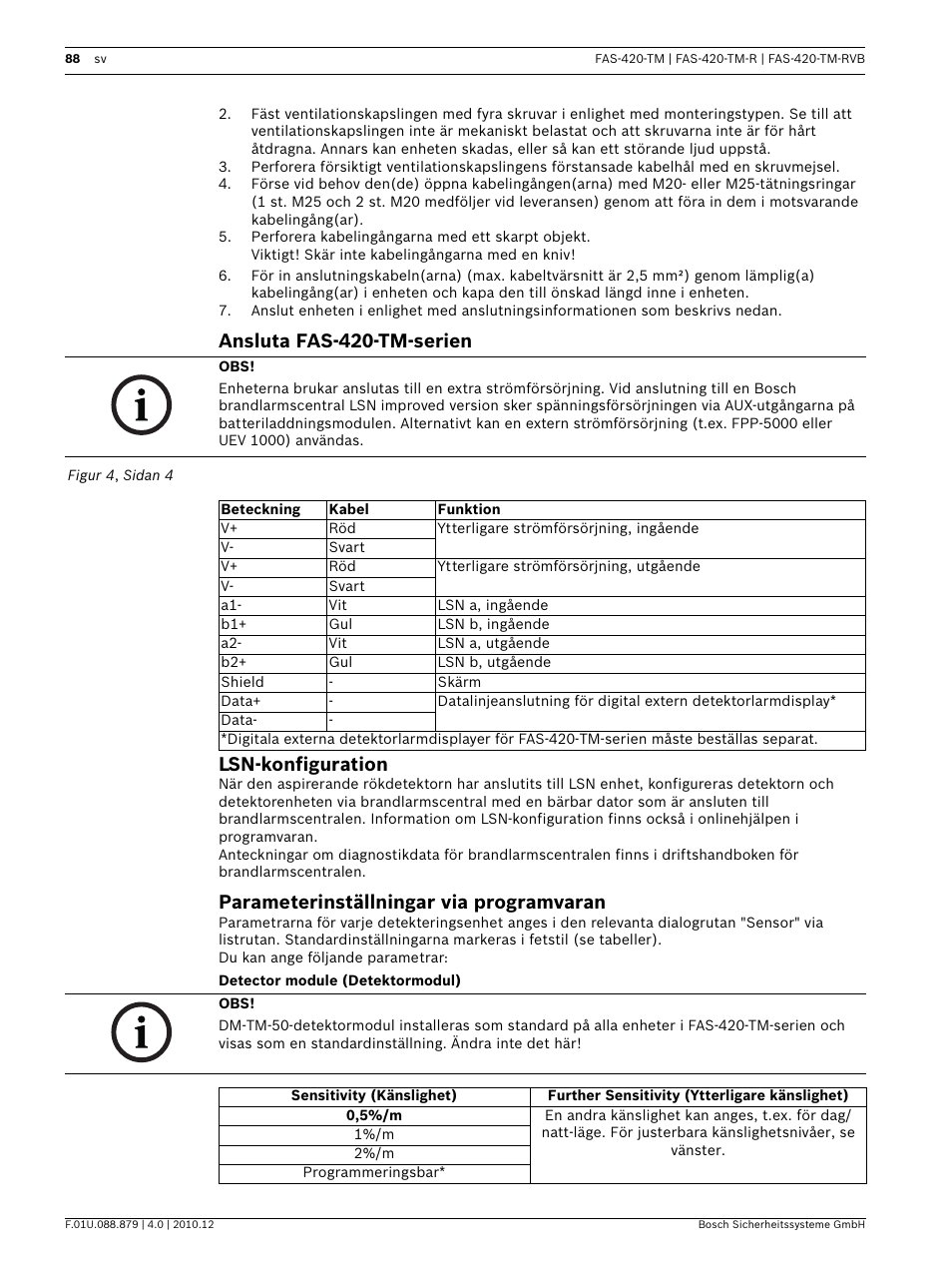Ansluta fas-420-tm-serien, Lsn-konfiguration, Parameterinställningar via programvaran | Detector module (detektormodul), Ansluta fas-420-tm-serien lsn-konfiguration | Bosch FAS-420-TM Series Aspirating Smoke Detectors LSN improved version User Manual | Page 88 / 96
