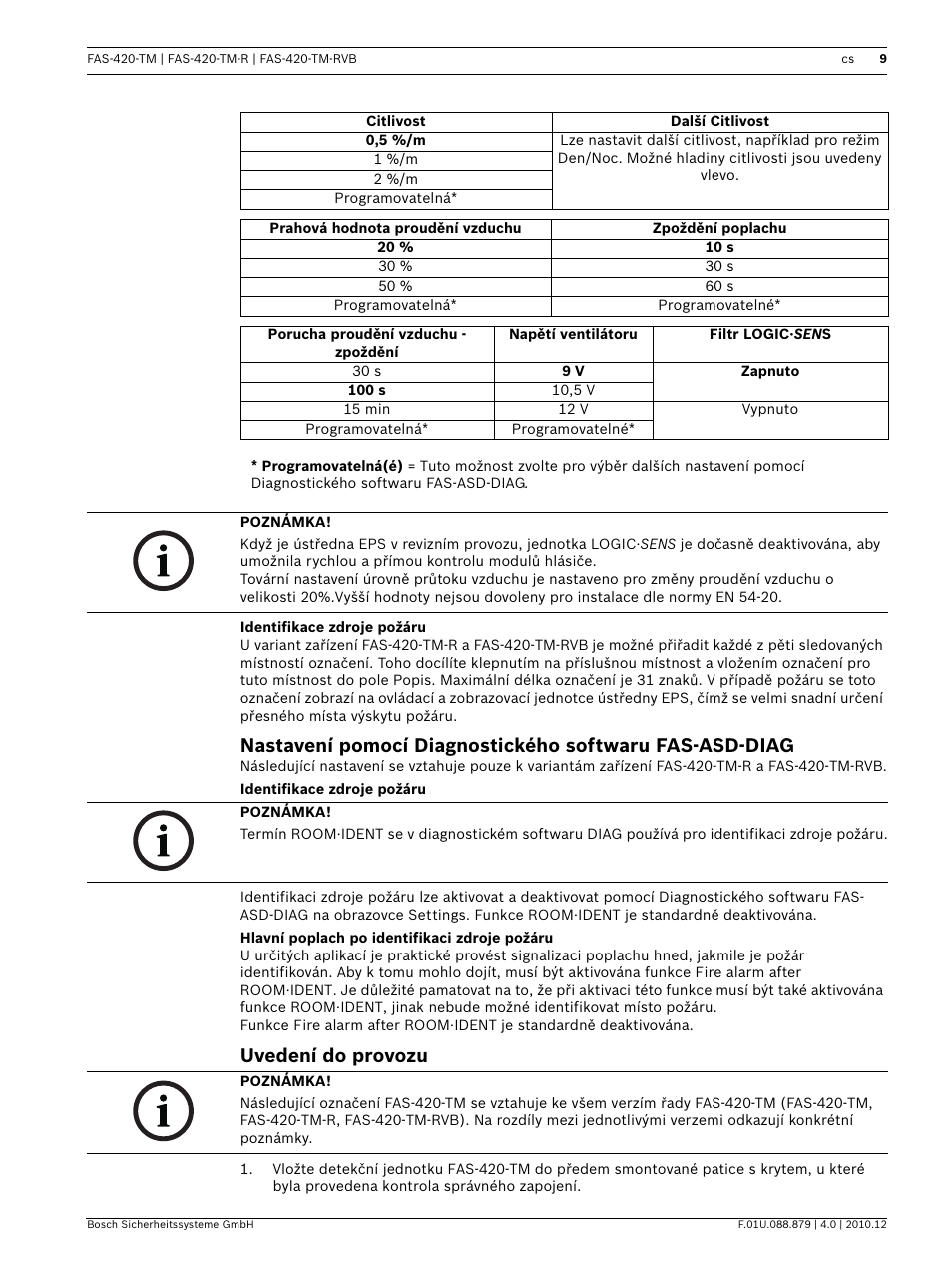 Identifikace zdroje požáru, Hlavní poplach po identifikaci zdroje požáru, Uvedení do provozu | Bosch FAS-420-TM Series Aspirating Smoke Detectors LSN improved version User Manual | Page 9 / 96