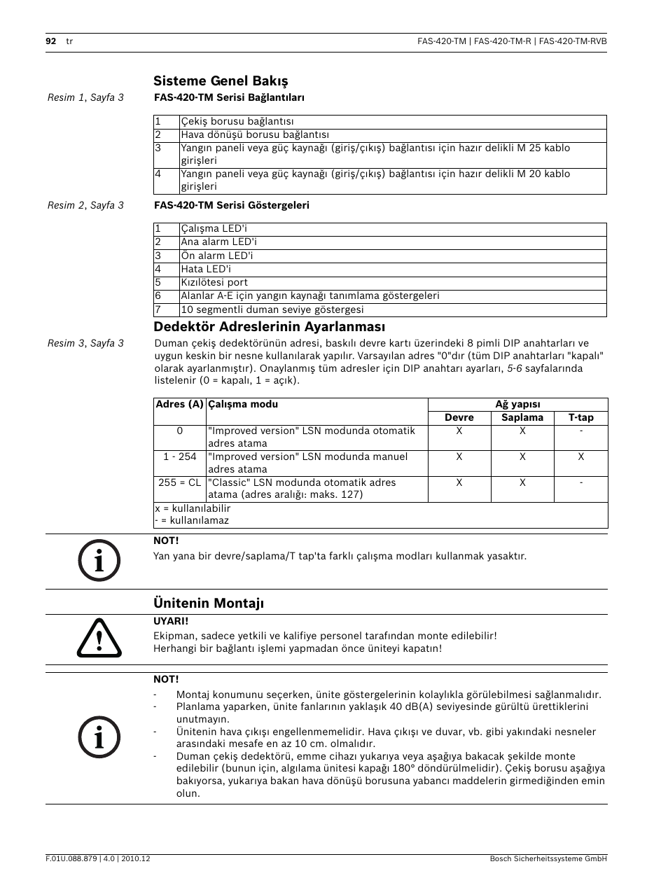 Sisteme genel bakış, Dedektör adreslerinin ayarlanması, Ünitenin montajı | Bosch FAS-420-TM Series Aspirating Smoke Detectors LSN improved version User Manual | Page 92 / 96