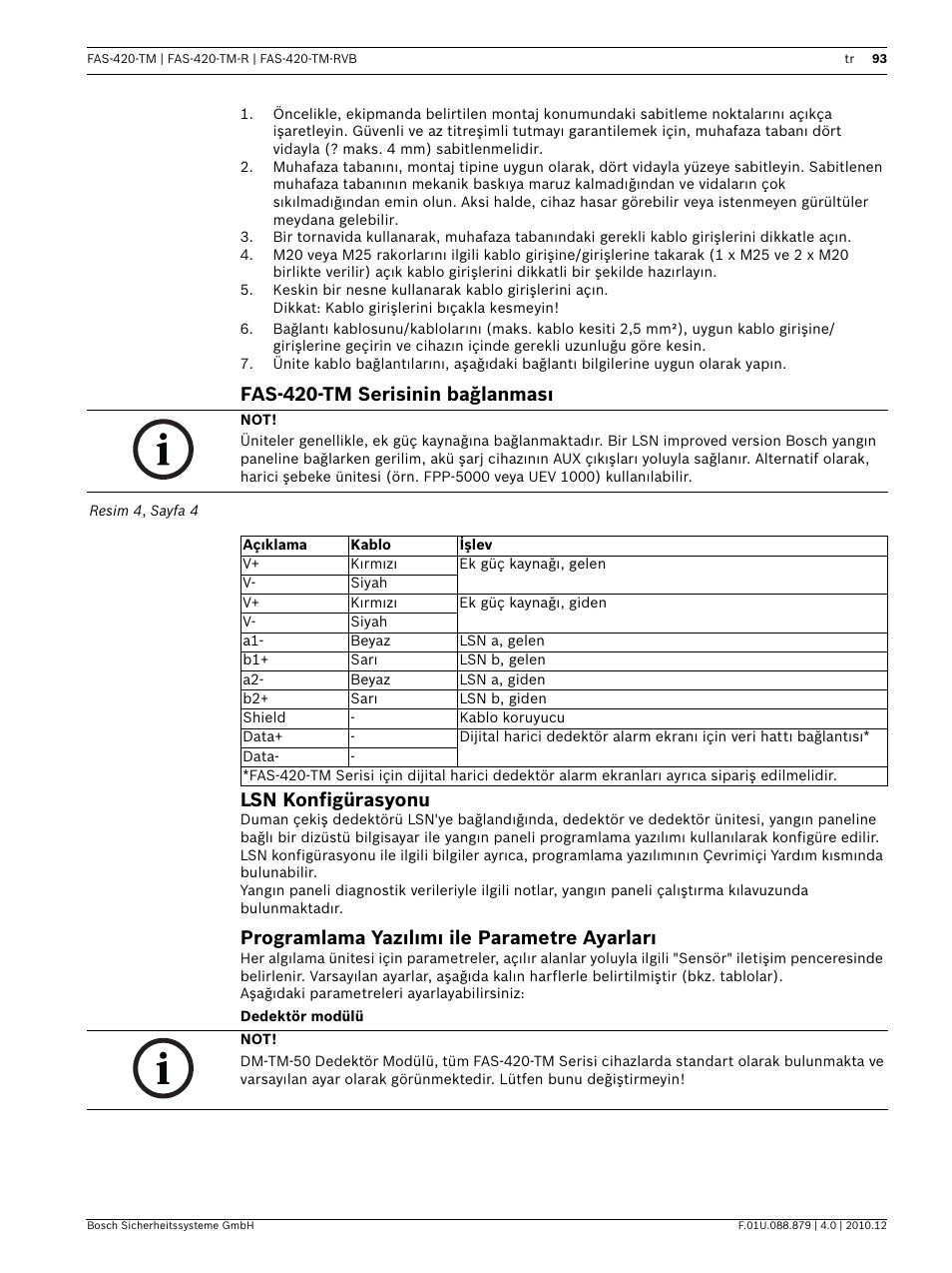 Fas-420-tm serisinin bağlanması, Lsn konfigürasyonu, Programlama yazılımı ile parametre ayarları | Dedektör modülü, Fas-420-tm serisinin bağlanması lsn konfigürasyonu | Bosch FAS-420-TM Series Aspirating Smoke Detectors LSN improved version User Manual | Page 93 / 96
