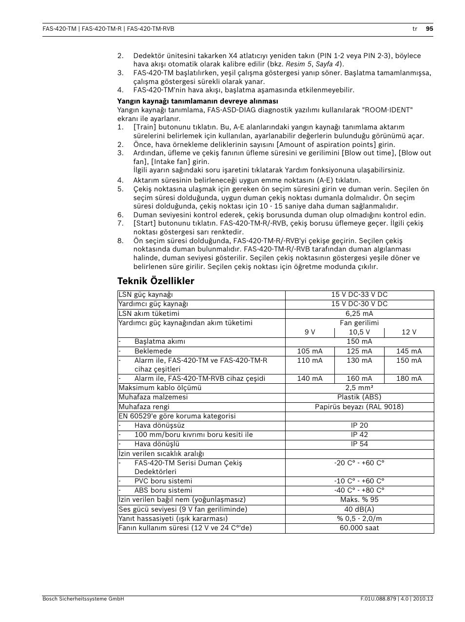 Yangın kaynağı tanımlamanın devreye alınması, Teknik özellikler | Bosch FAS-420-TM Series Aspirating Smoke Detectors LSN improved version User Manual | Page 95 / 96