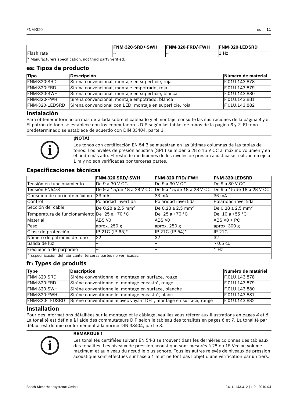 Es: tipos de producto, Instalación, Especificaciones técnicas | Fr: types de produits, Installation, Es: tipos de producto instalación | Bosch FNM-320 Sounders Conventional User Manual | Page 11 / 20
