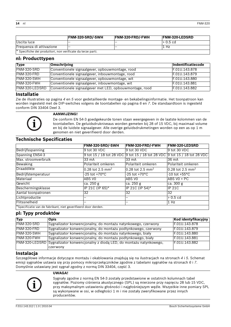 Nl: producttypen, Installatie, Technische specificaties | Pl: typy produktów, Instalacja, Acji, Nl: producttypen installatie | Bosch FNM-320 Sounders Conventional User Manual | Page 14 / 20