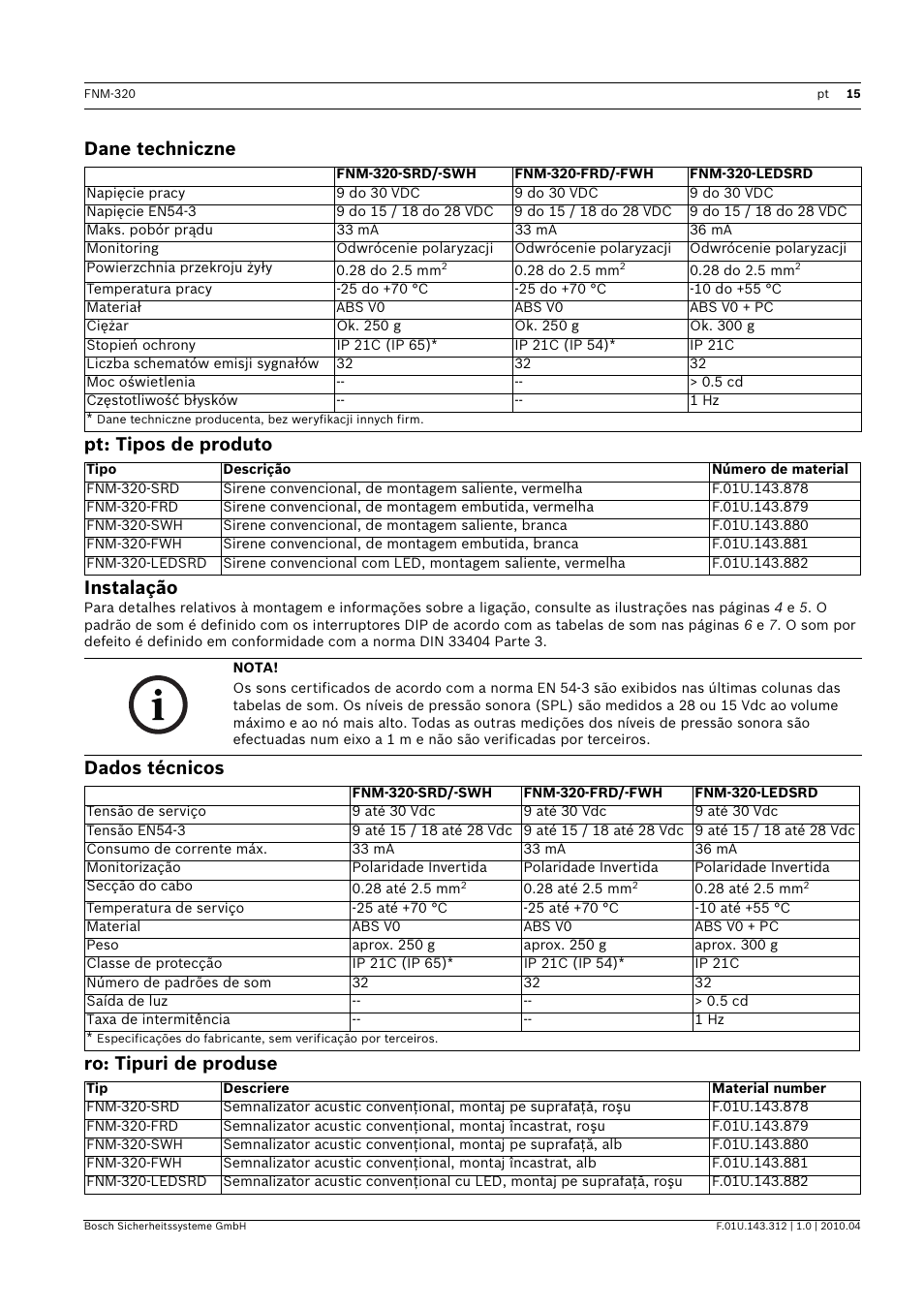 Dane techniczne, Pt: tipos de produto, Instalação | Dados técnicos, Ro: tipuri de produse, Ação, Dane techniczne pt: tipos de produto instalação, Dados técnicos ro: tipuri de produse | Bosch FNM-320 Sounders Conventional User Manual | Page 15 / 20