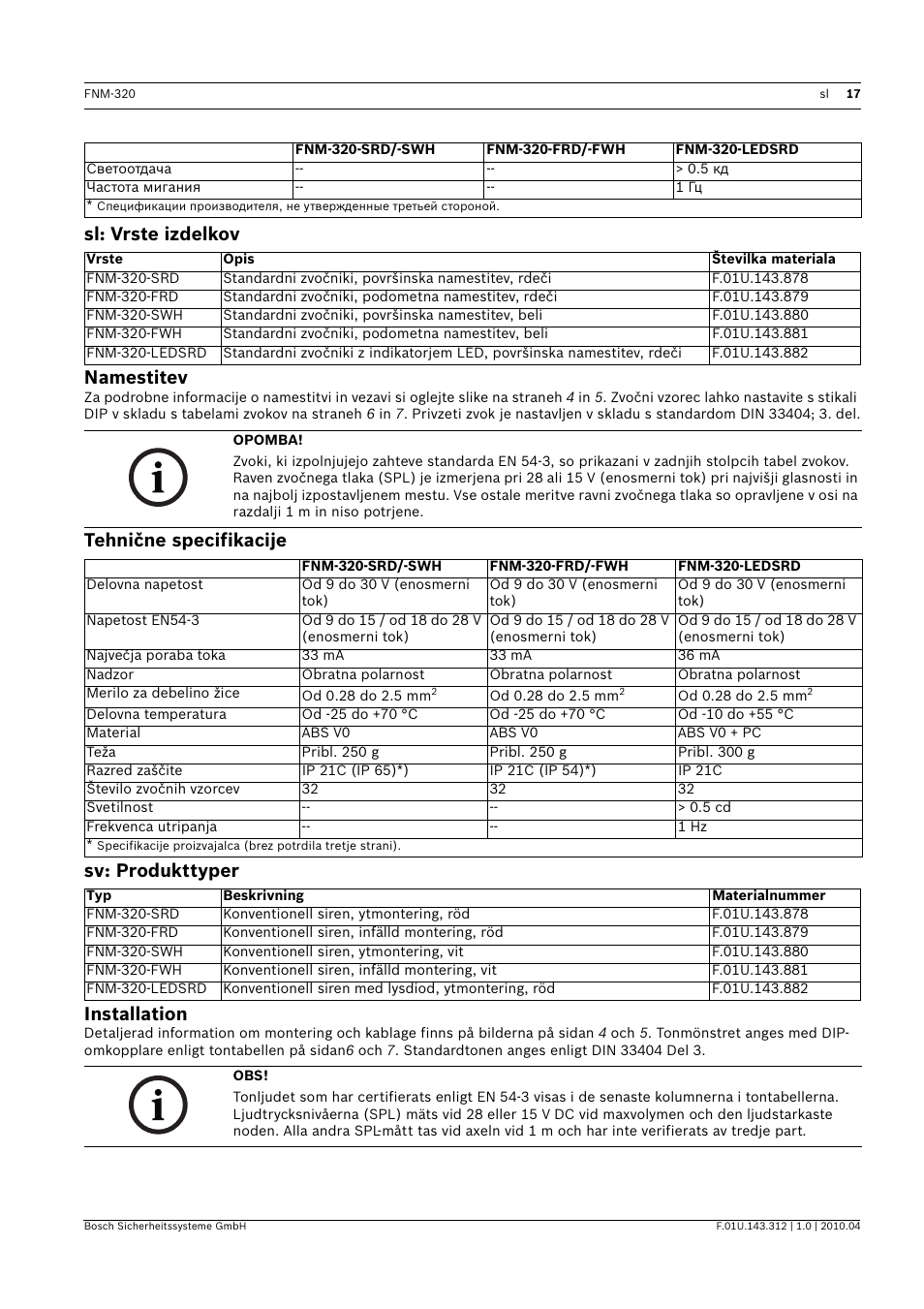 Sl: vrste izdelkov, Namestitev, Tehnične specifikacije | Sv: produkttyper, Installation, Sl: vrste izdelkov namestitev | Bosch FNM-320 Sounders Conventional User Manual | Page 17 / 20