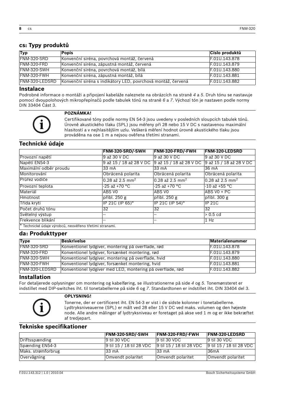 Cs: typy produktů, Instalace, Technické údaje | Da: produkttyper, Installation, Tekniske specifikationer, Cs: typy produktů instalace, Technické údaje da: produkttyper installation | Bosch FNM-320 Sounders Conventional User Manual | Page 8 / 20