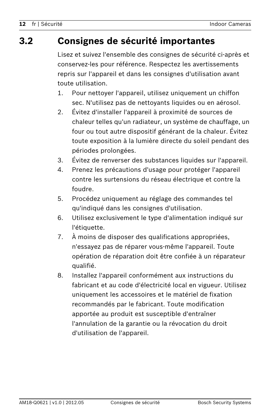 2 consignes de sécurité importantes | Bosch Indoor Dome WDR Camera (720TVL sensor) User Manual | Page 12 / 48