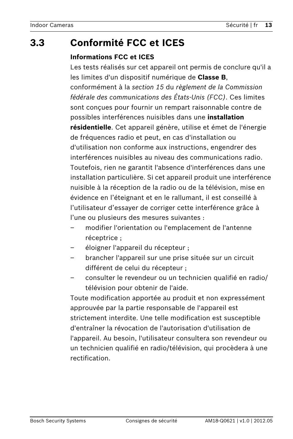 3 conformité fcc et ices | Bosch Indoor Dome WDR Camera (720TVL sensor) User Manual | Page 13 / 48