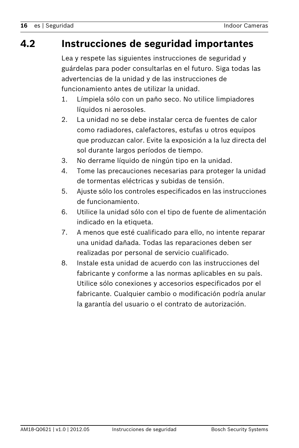 2 instrucciones de seguridad importantes | Bosch Indoor Dome WDR Camera (720TVL sensor) User Manual | Page 16 / 48