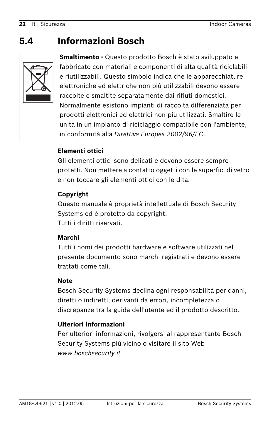 4 informazioni bosch | Bosch Indoor Dome WDR Camera (720TVL sensor) User Manual | Page 22 / 48