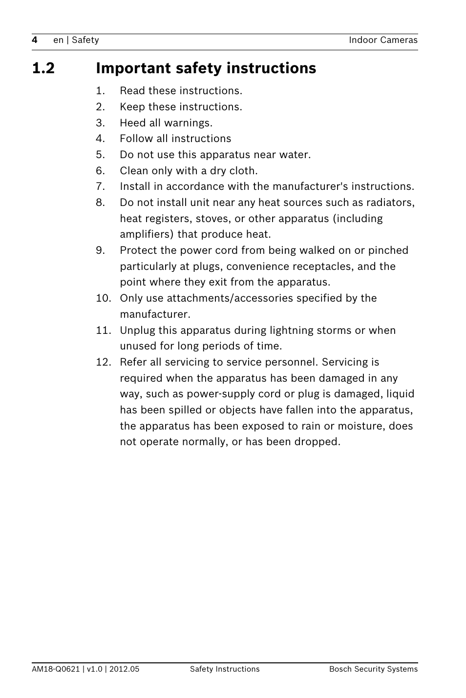 2 important safety instructions | Bosch Indoor Dome WDR Camera (720TVL sensor) User Manual | Page 4 / 48