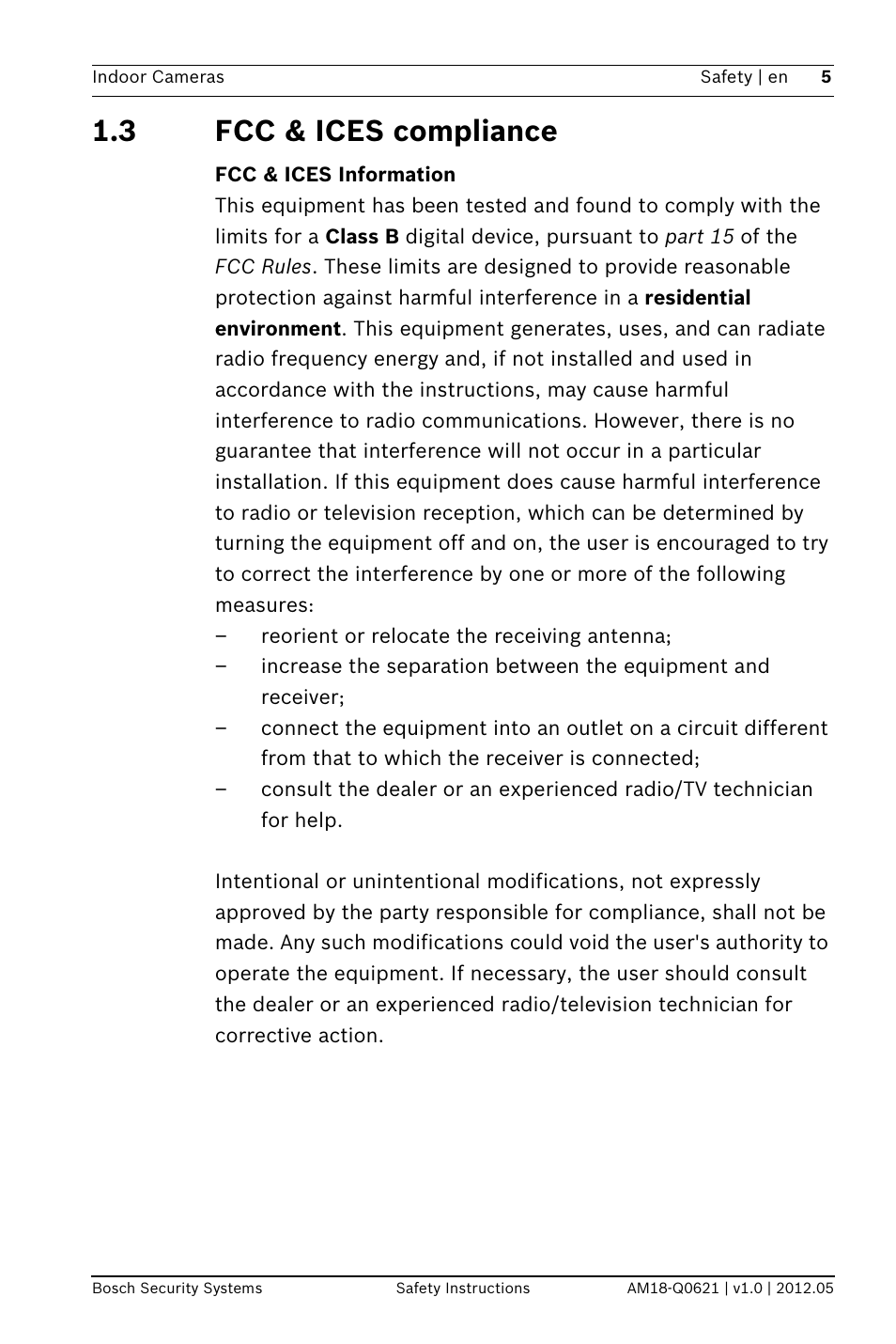 3 fcc & ices compliance | Bosch Indoor Dome WDR Camera (720TVL sensor) User Manual | Page 5 / 48