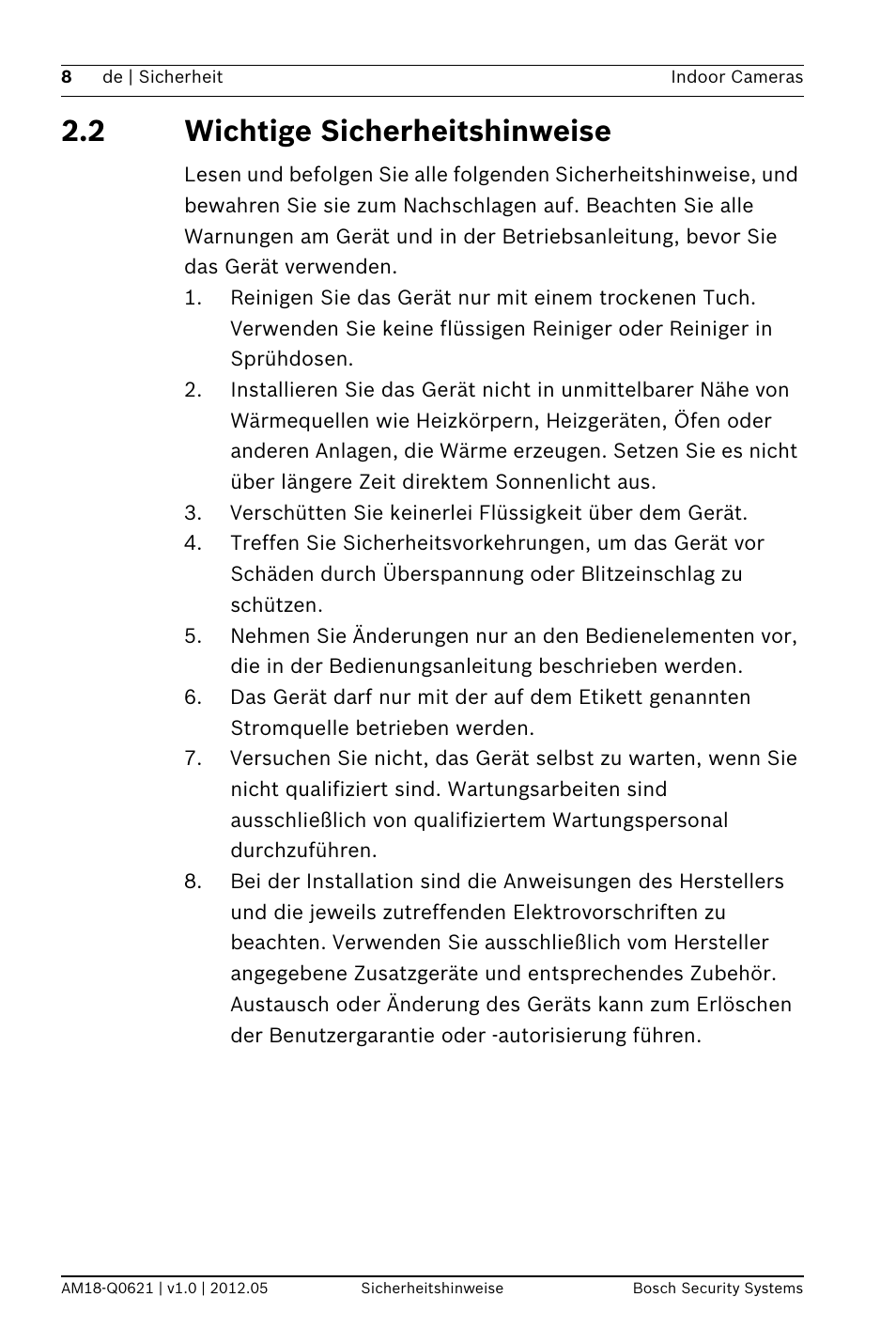 2 wichtige sicherheitshinweise | Bosch Indoor Dome WDR Camera (720TVL sensor) User Manual | Page 8 / 48