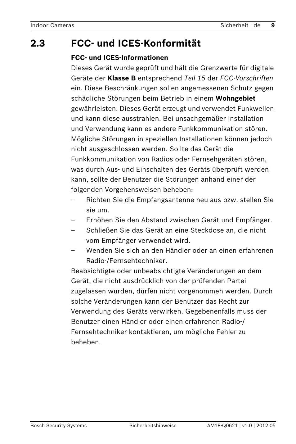 3 fcc- und ices-konformität | Bosch Indoor Dome WDR Camera (720TVL sensor) User Manual | Page 9 / 48