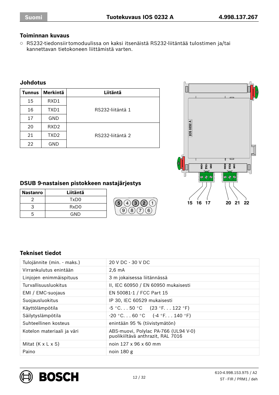 Bosch IOS 0232 A RS232 Communication Module User Manual | Page 12 / 32