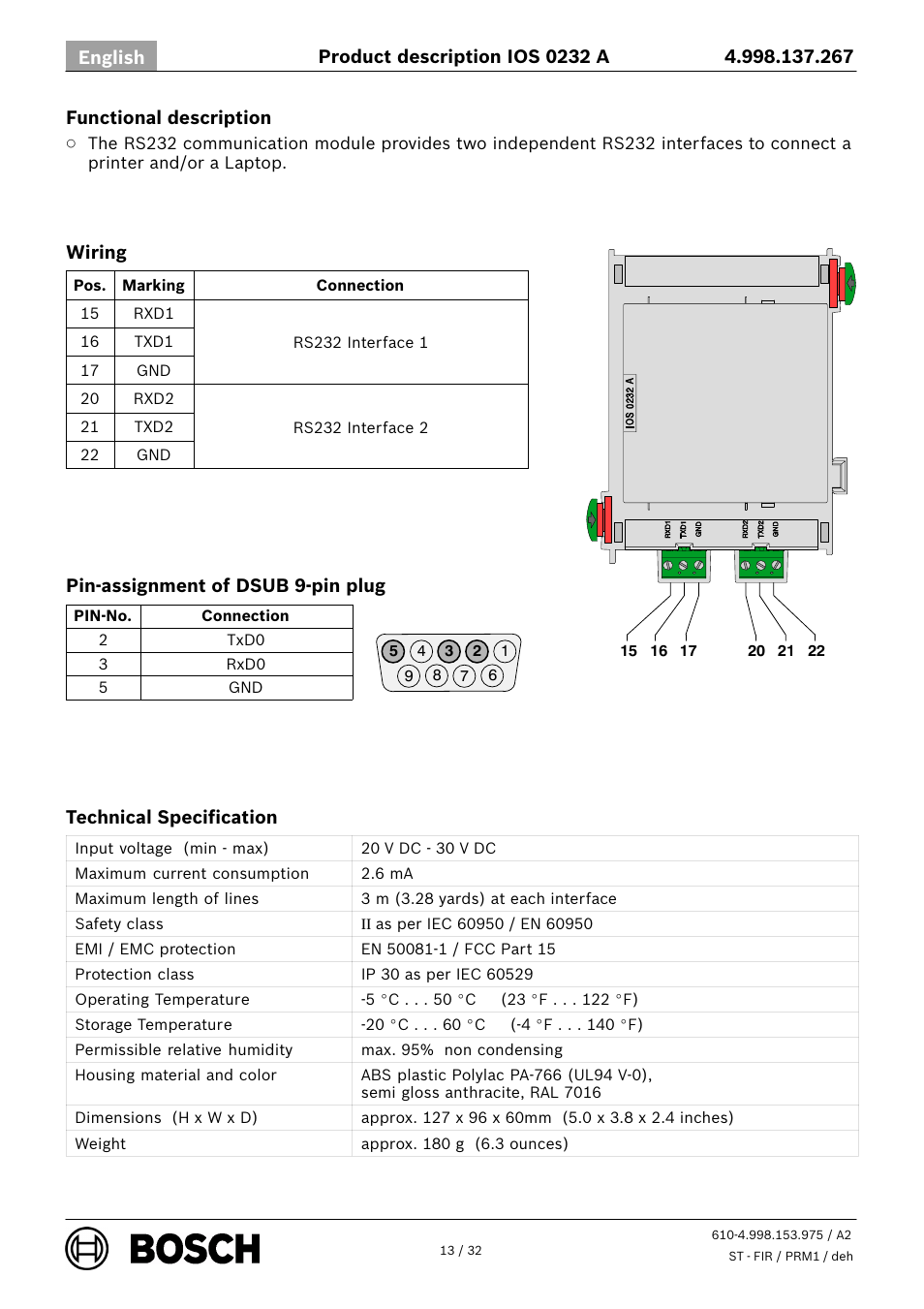 Bosch IOS 0232 A RS232 Communication Module User Manual | Page 13 / 32