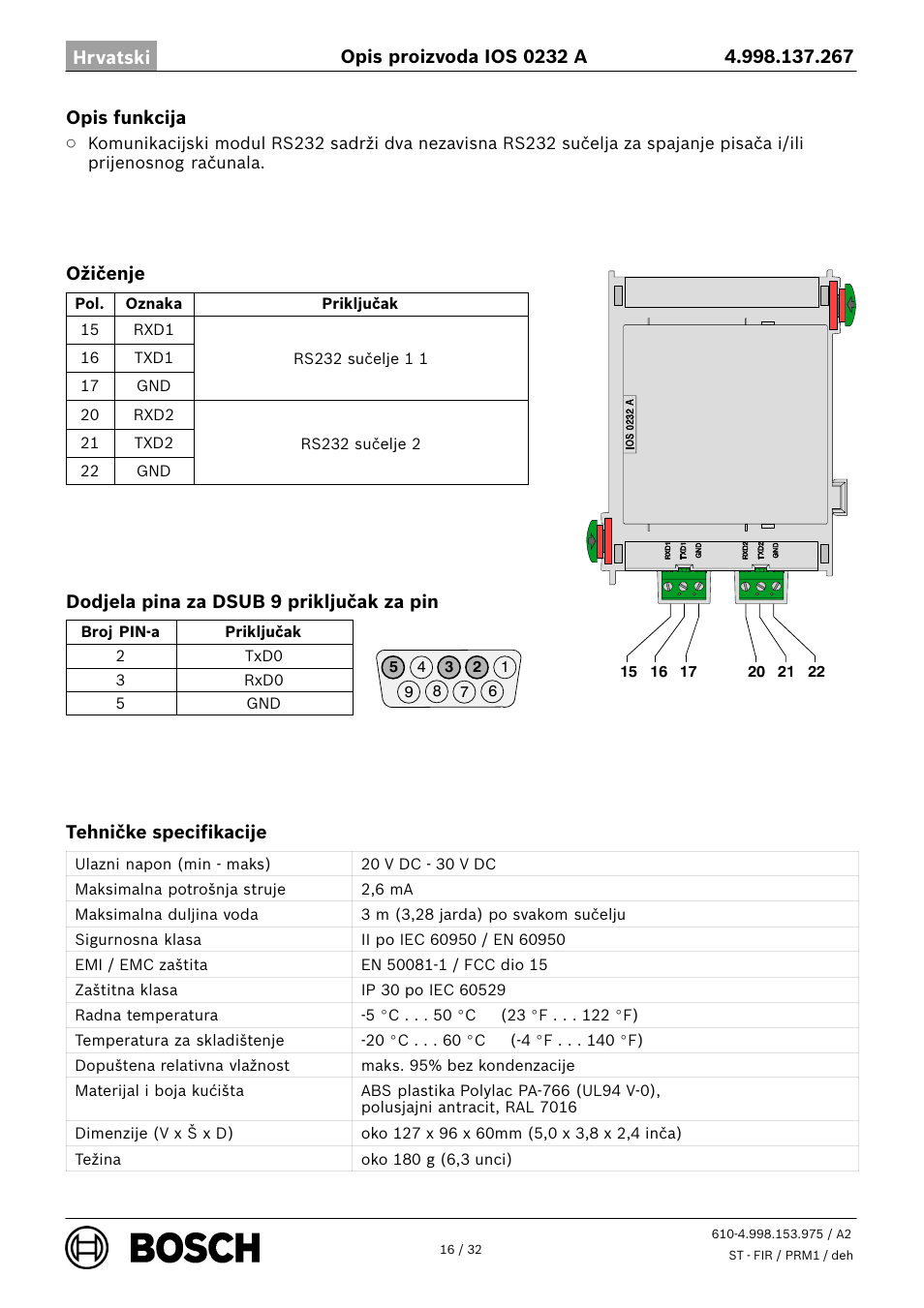 Bosch IOS 0232 A RS232 Communication Module User Manual | Page 16 / 32