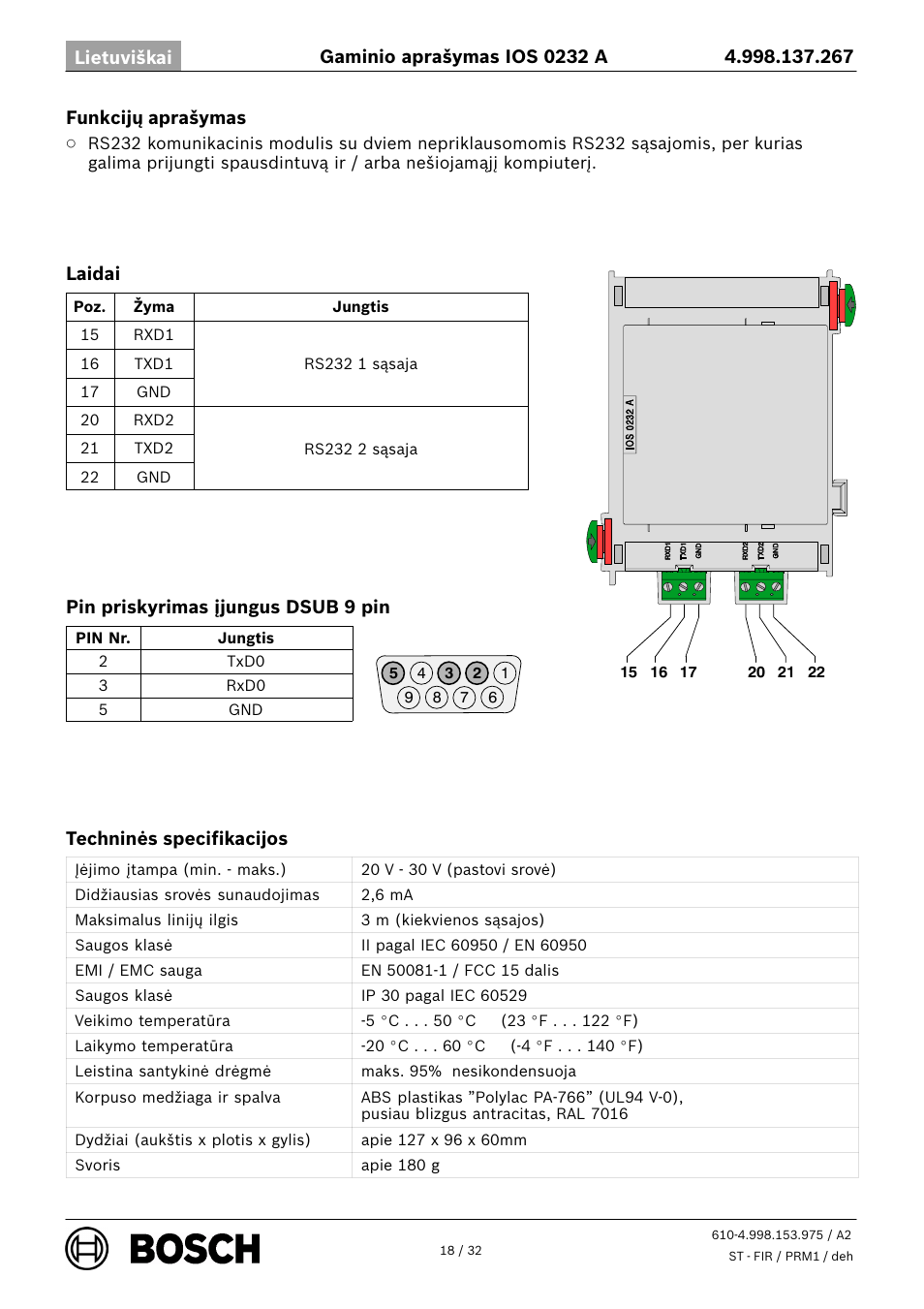Bosch IOS 0232 A RS232 Communication Module User Manual | Page 18 / 32