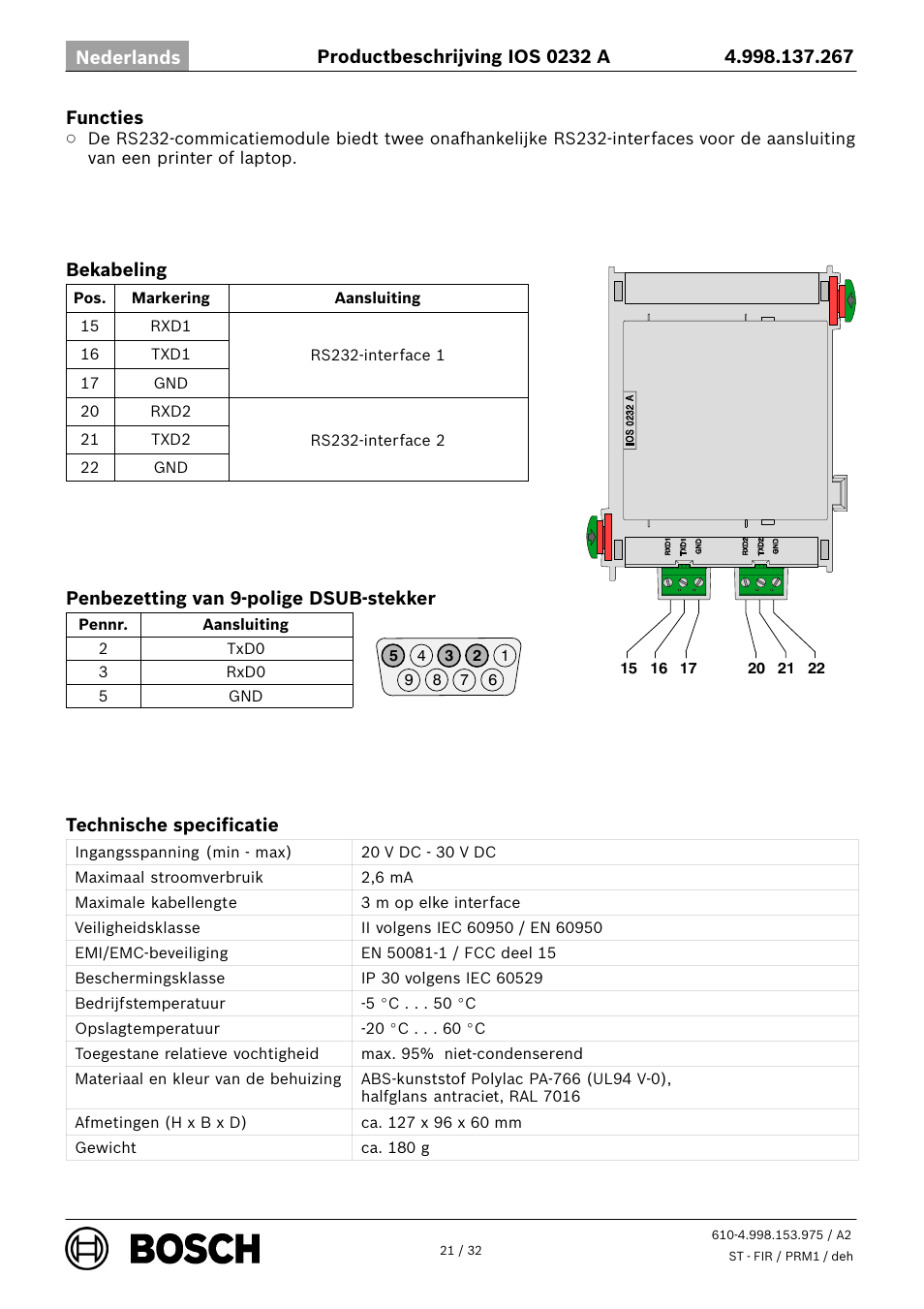 Bosch IOS 0232 A RS232 Communication Module User Manual | Page 21 / 32