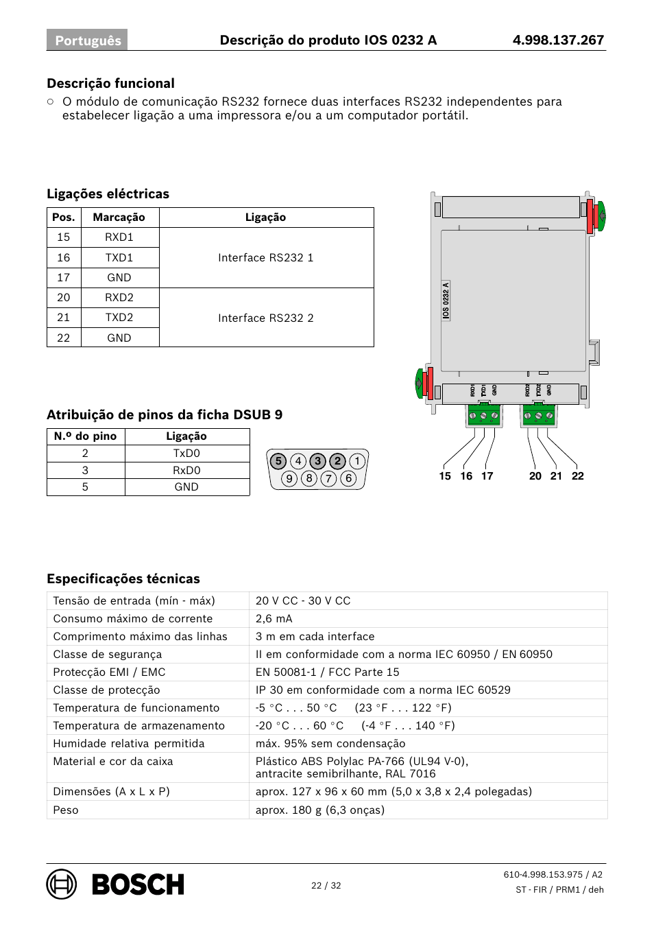 Bosch IOS 0232 A RS232 Communication Module User Manual | Page 22 / 32