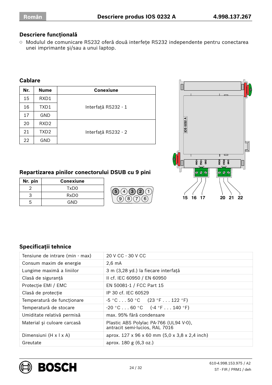 Bosch IOS 0232 A RS232 Communication Module User Manual | Page 24 / 32