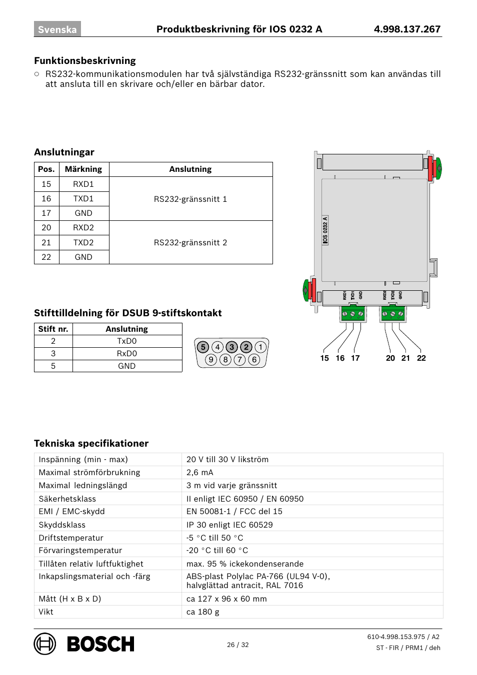Bosch IOS 0232 A RS232 Communication Module User Manual | Page 26 / 32