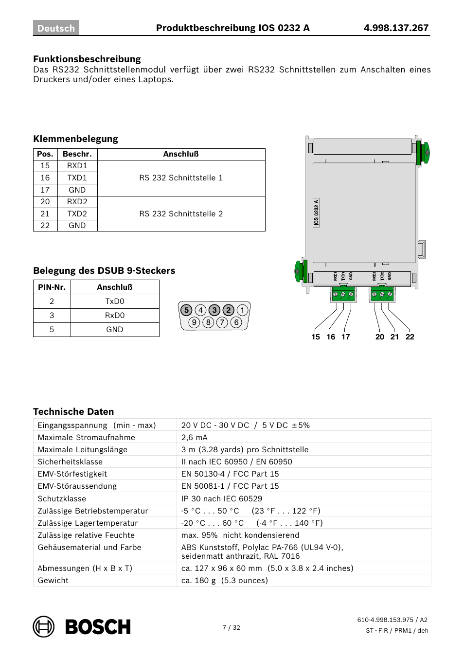 Bosch IOS 0232 A RS232 Communication Module User Manual | Page 7 / 32