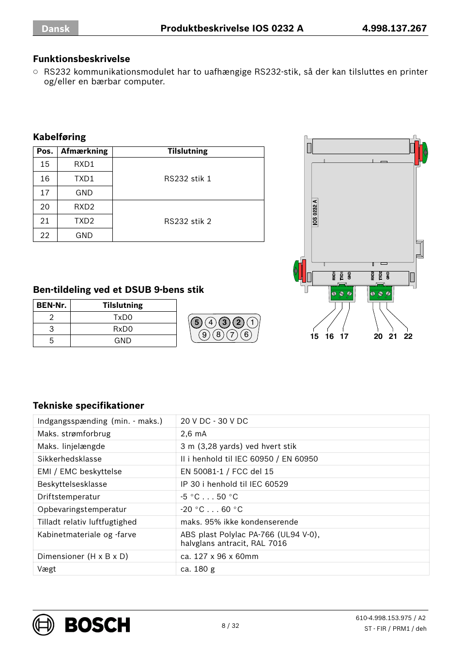 Bosch IOS 0232 A RS232 Communication Module User Manual | Page 8 / 32