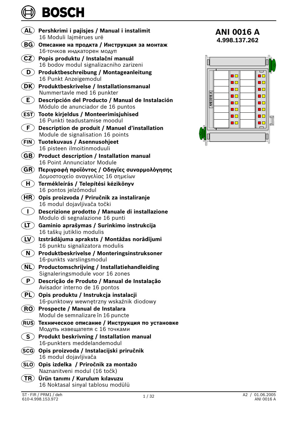 Bosch ANI 0016 A Annunciator Module User Manual | 32 pages