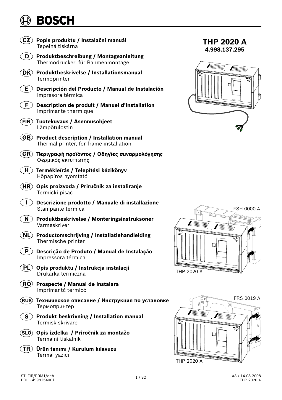 Bosch THP 2020 A Thermal Printer User Manual | 32 pages