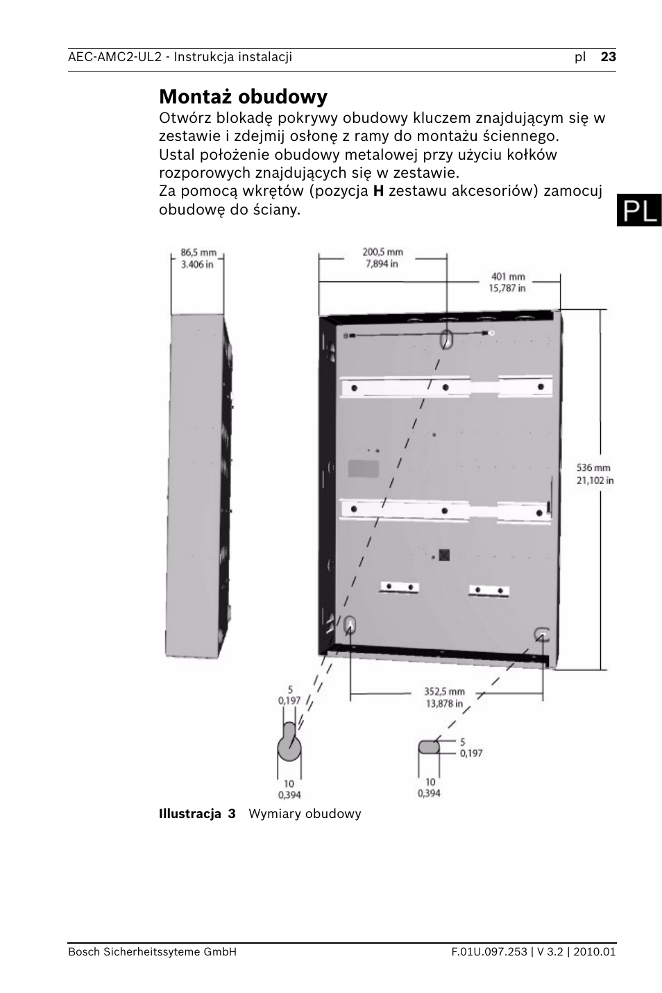 Montaż obudowy | Bosch AMC2 ENC-UL2 - Enclosure - Large User Manual | Page 23 / 92