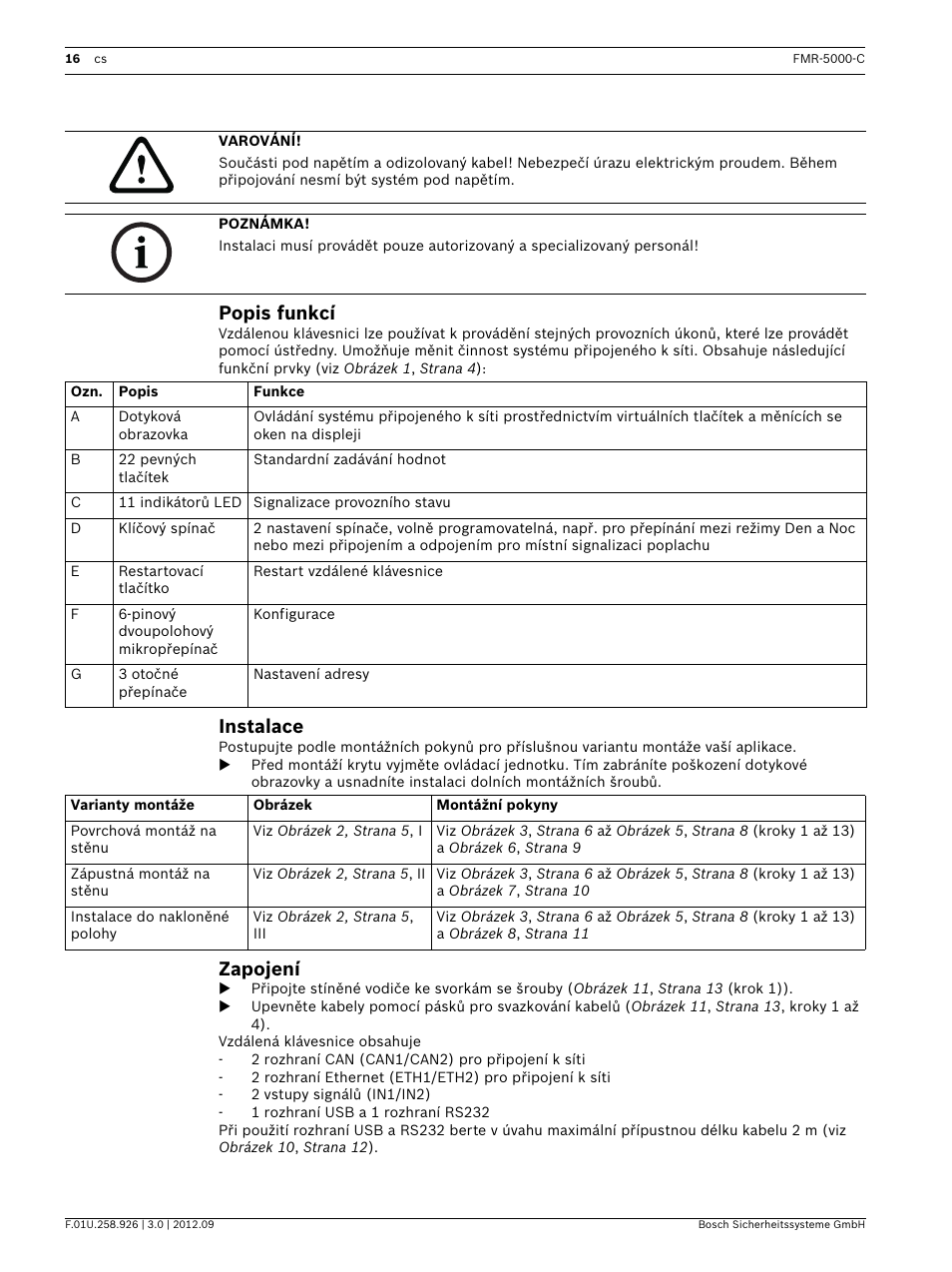 Popis funkcí, Instalace, Zapojení | Bosch Remote Keypad User Manual | Page 16 / 48