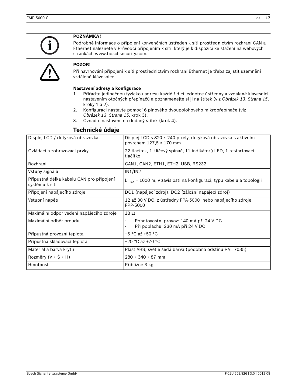 Nastavení adresy a konfigurace, Technické údaje | Bosch Remote Keypad User Manual | Page 17 / 48