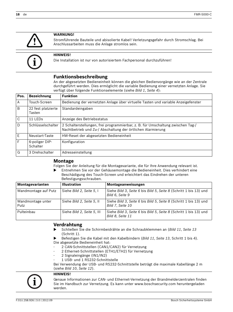 Funktionsbeschreibung, Montage, Verdrahtung | Onsanleitung | Bosch Remote Keypad User Manual | Page 18 / 48