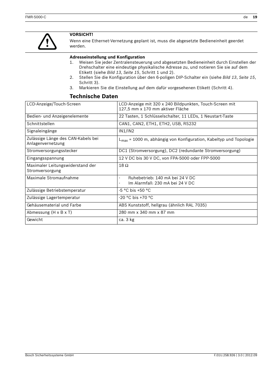 Adresseinstellung und konfiguration, Technische daten | Bosch Remote Keypad User Manual | Page 19 / 48