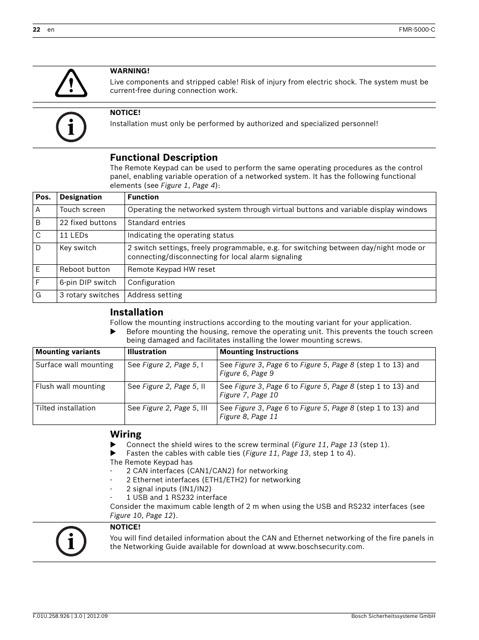 Functional description, Installation, Wiring | Bosch Remote Keypad User Manual | Page 22 / 48