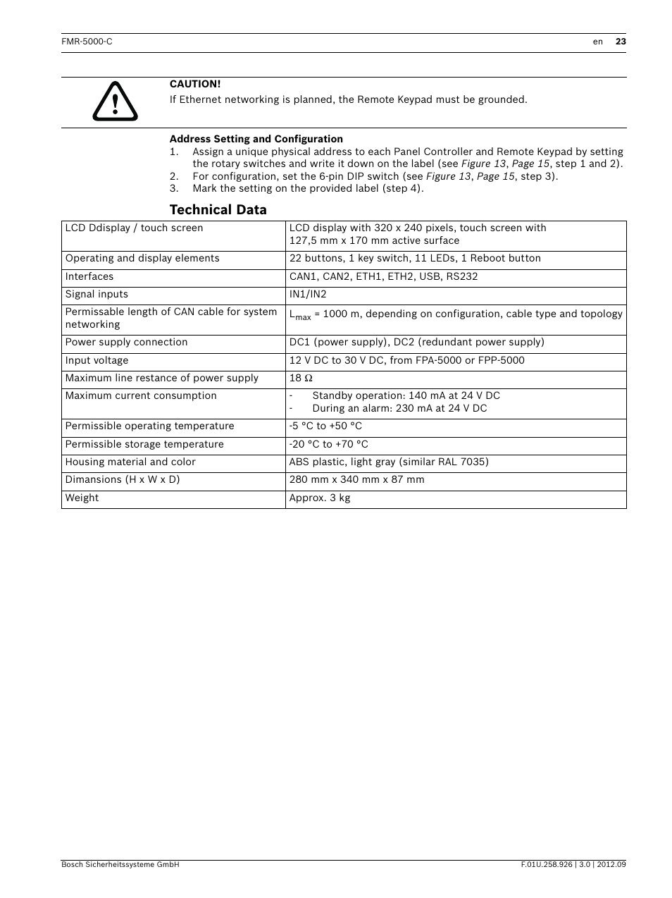 Address setting and configuration, Technical data | Bosch Remote Keypad User Manual | Page 23 / 48