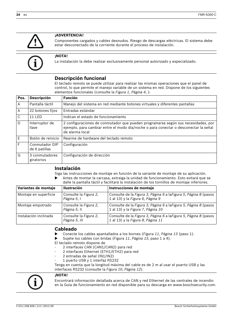 Descripción funcional, Instalación, Cableado | Bosch Remote Keypad User Manual | Page 24 / 48