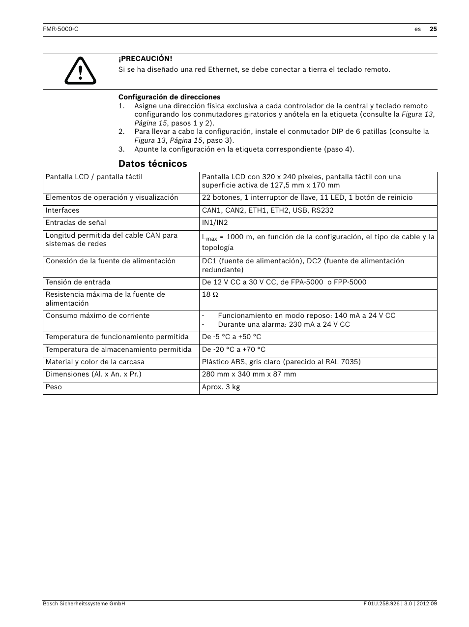 Configuración de direcciones, Datos técnicos | Bosch Remote Keypad User Manual | Page 25 / 48