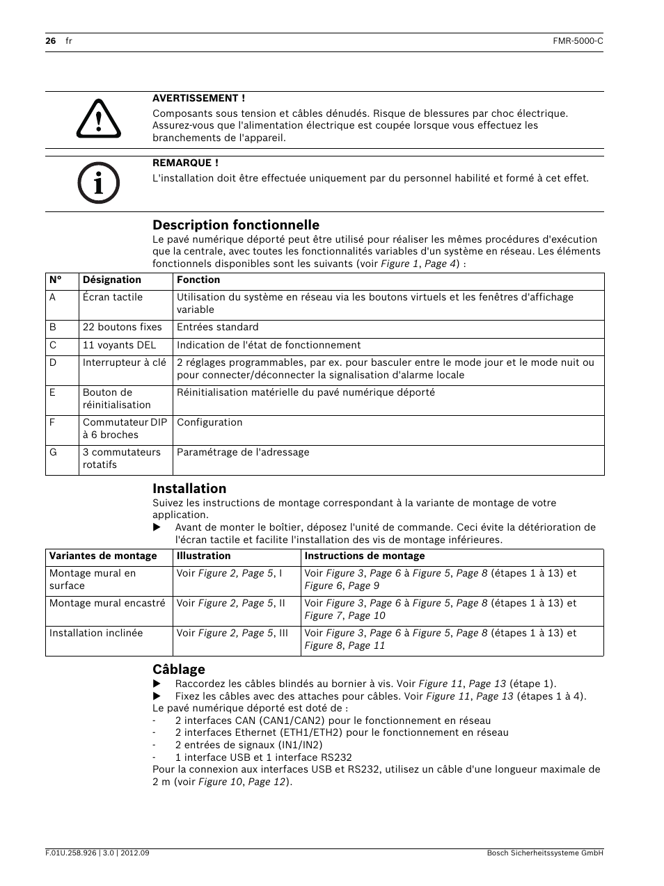 Description fonctionnelle, Installation, Câblage | Bosch Remote Keypad User Manual | Page 26 / 48